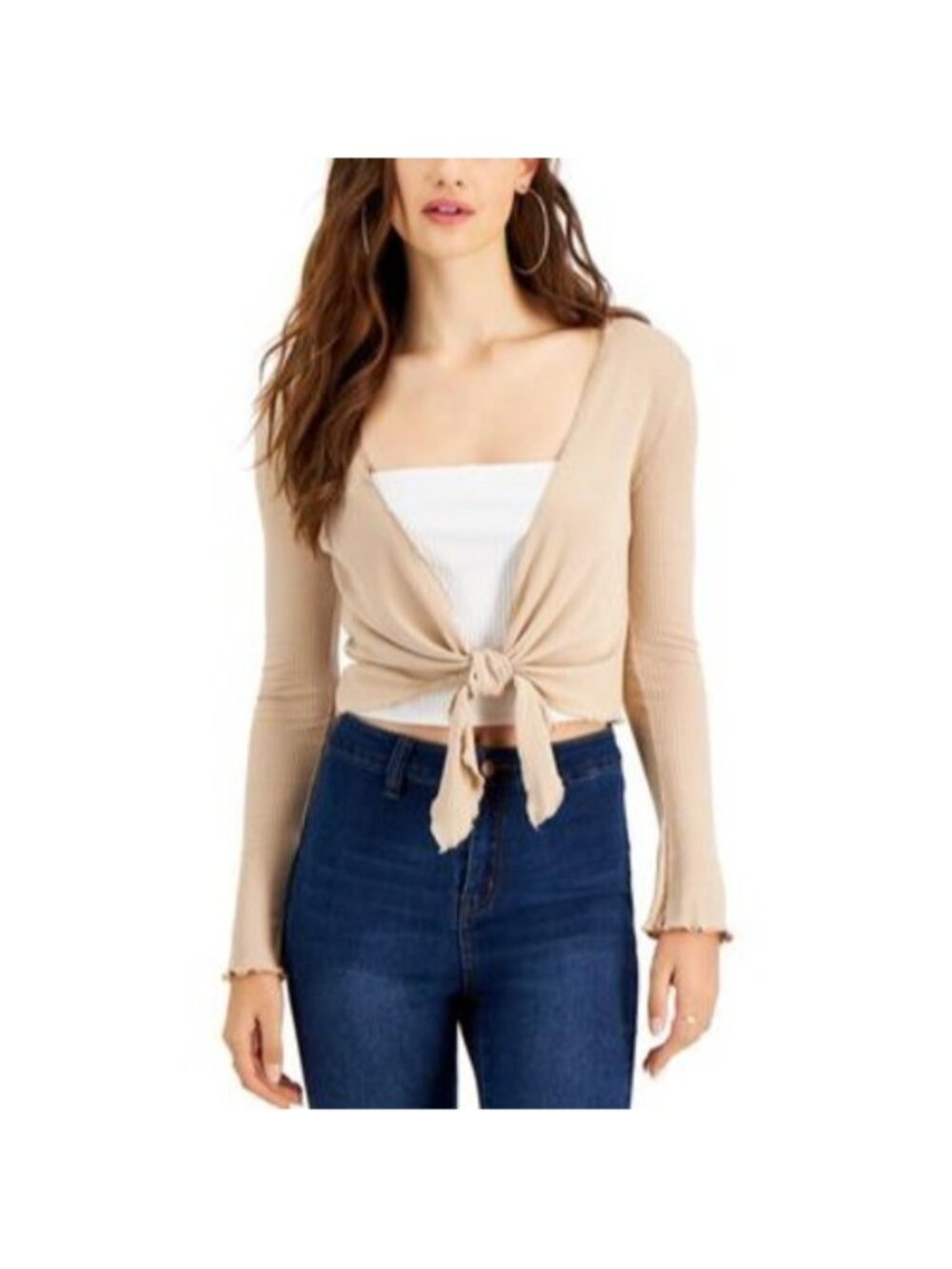 Crave Fame Juniors' Tie-Front Ribbed Cardigan Almond Size Large